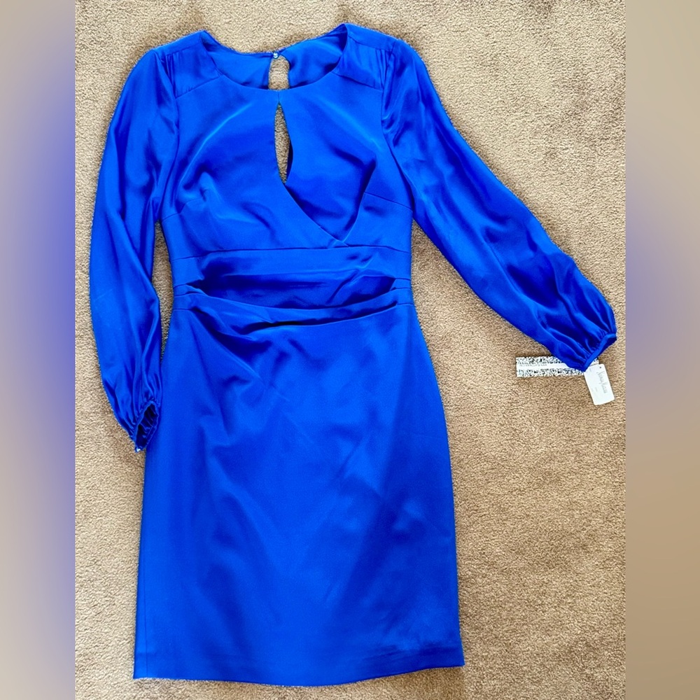 Kay Unger Cobalt 100% Silk Blue Elegant Long Sleeve Dress SZ 12